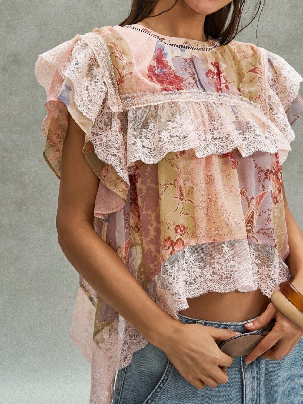 Army Green Boho Women's Casual Contrast Lace Floral Print Ruffle Sleeve Blouse